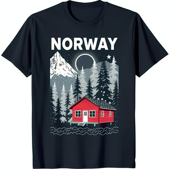 Stylish Black T-Shirt with 'NORWAY' Graphic & Colorful Cabin Design