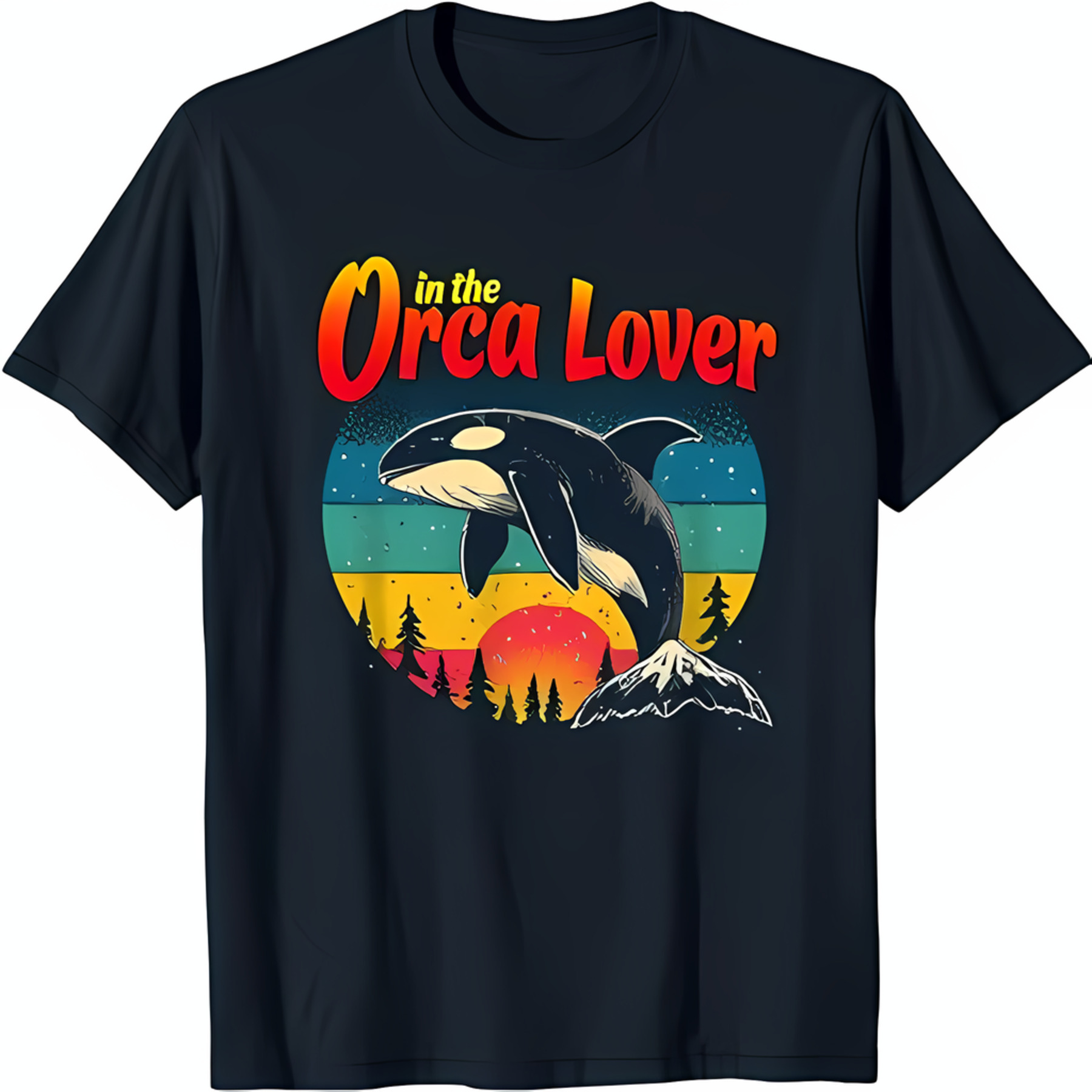 Stylish Black T-Shirt with Orca Leaping Design and Sunset Backdrop Orca ...