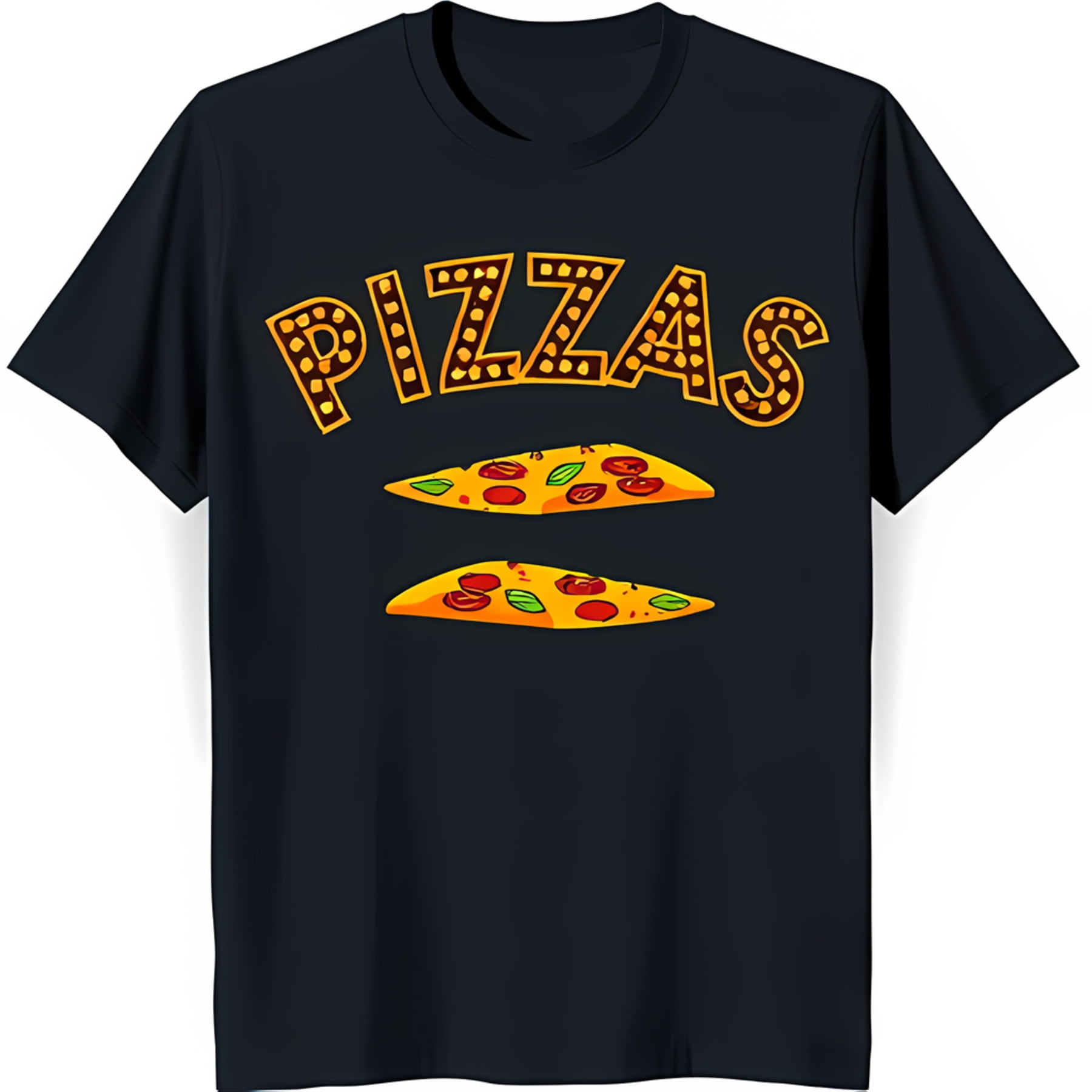 Stylish Black TShirt with 'PIZZAS' Graphic & Fun Light Circles for