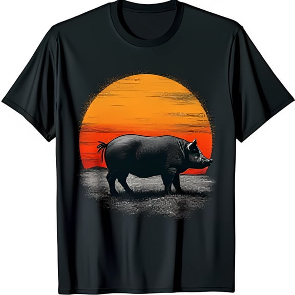 Stylish Black T-Shirt with Pig Graphic & Vibrant Sunset Design