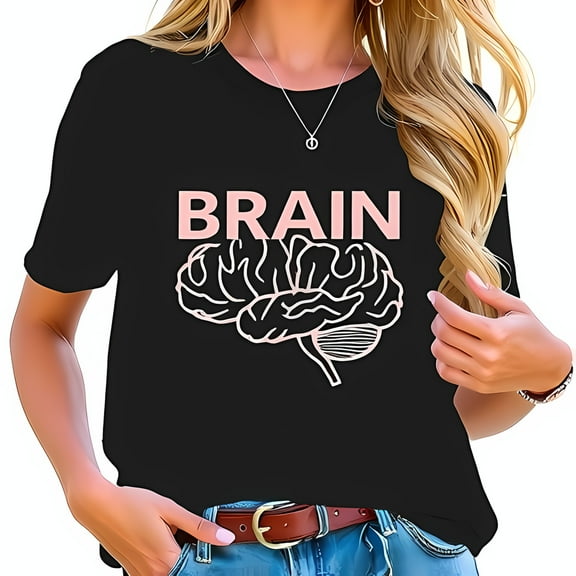 Stylish Black T-Shirt with Pink Brain Graphic and 'BRAIN' Text - Relaxed Fit Soft Tee for Casual Wear