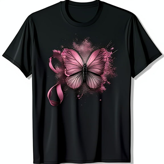 Stylish Black T-Shirt with Pink Butterfly Ribbon Graphic