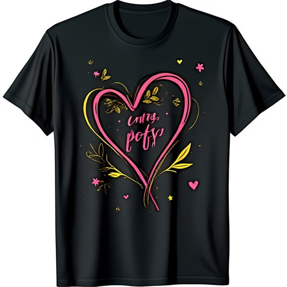 Stylish Black T-Shirt with Pink Heart & Gold Floral Design Love Graphic