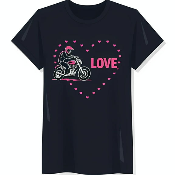Stylish Black T-Shirt with Pink Heart Graphic 'LOVE' Text & Motorcycle Design
