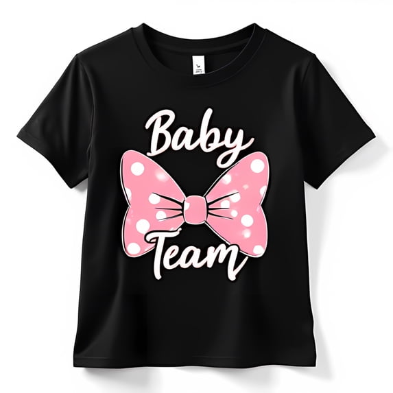 Stylish Black T-Shirt with Pink Polka Dot Bow & Team Graphic