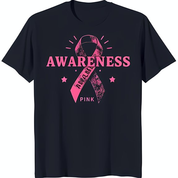 Stylish Black T-Shirt with Pink Ribbon Design & 'AWARENESS' Text