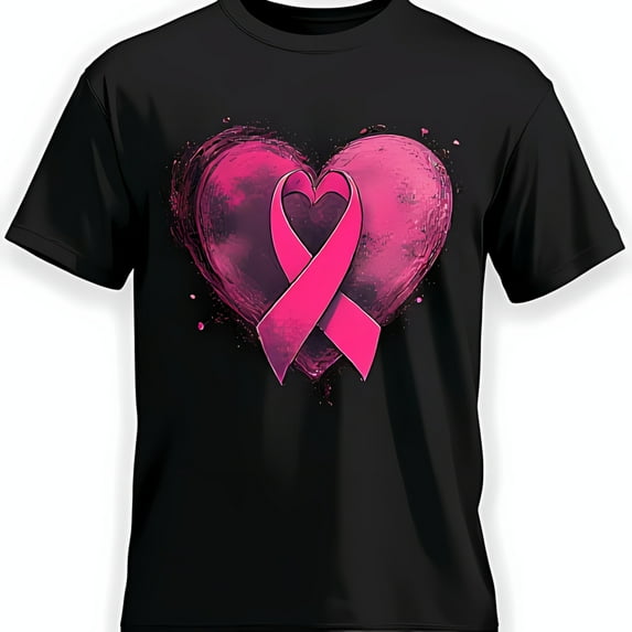 Stylish Black T-Shirt with Pink Ribbon Heart Graphic & Splatter Design