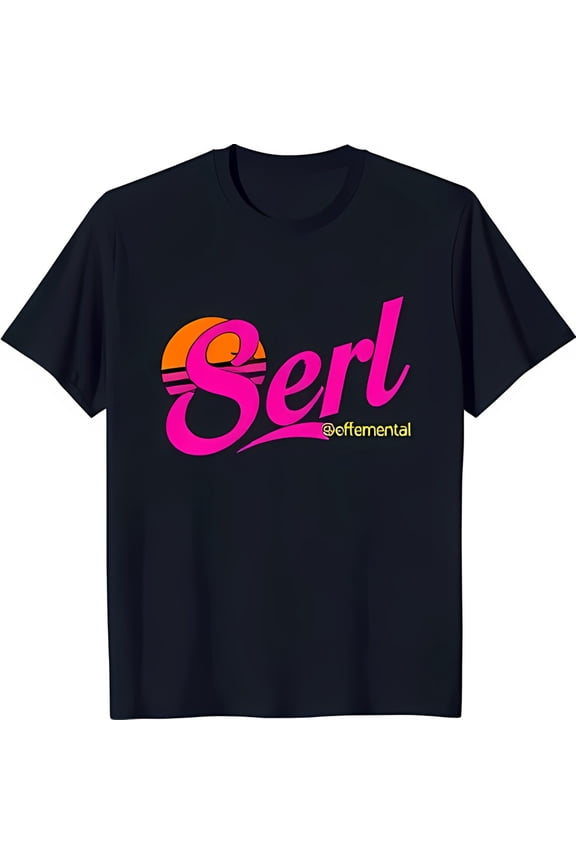 Stylish Black T-Shirt with Pink 'Serl' Graphic Sun & Red Stripes
