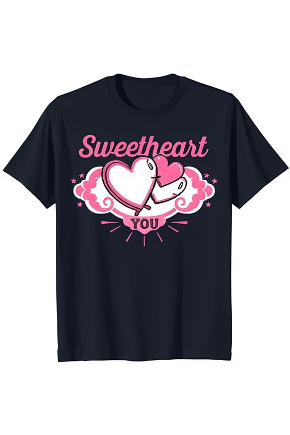 Stylish Black T-Shirt with Pink 'Sweetheart' Graphic and Heart Cloud Design