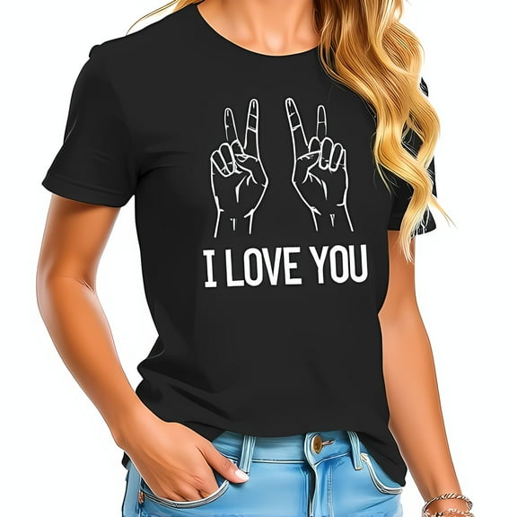 Stylish Black T-Shirt with Playful Graphic Design - Peace Signs & 'I LOVE YOU' - Casual Relaxed Fit for Everyday Wear