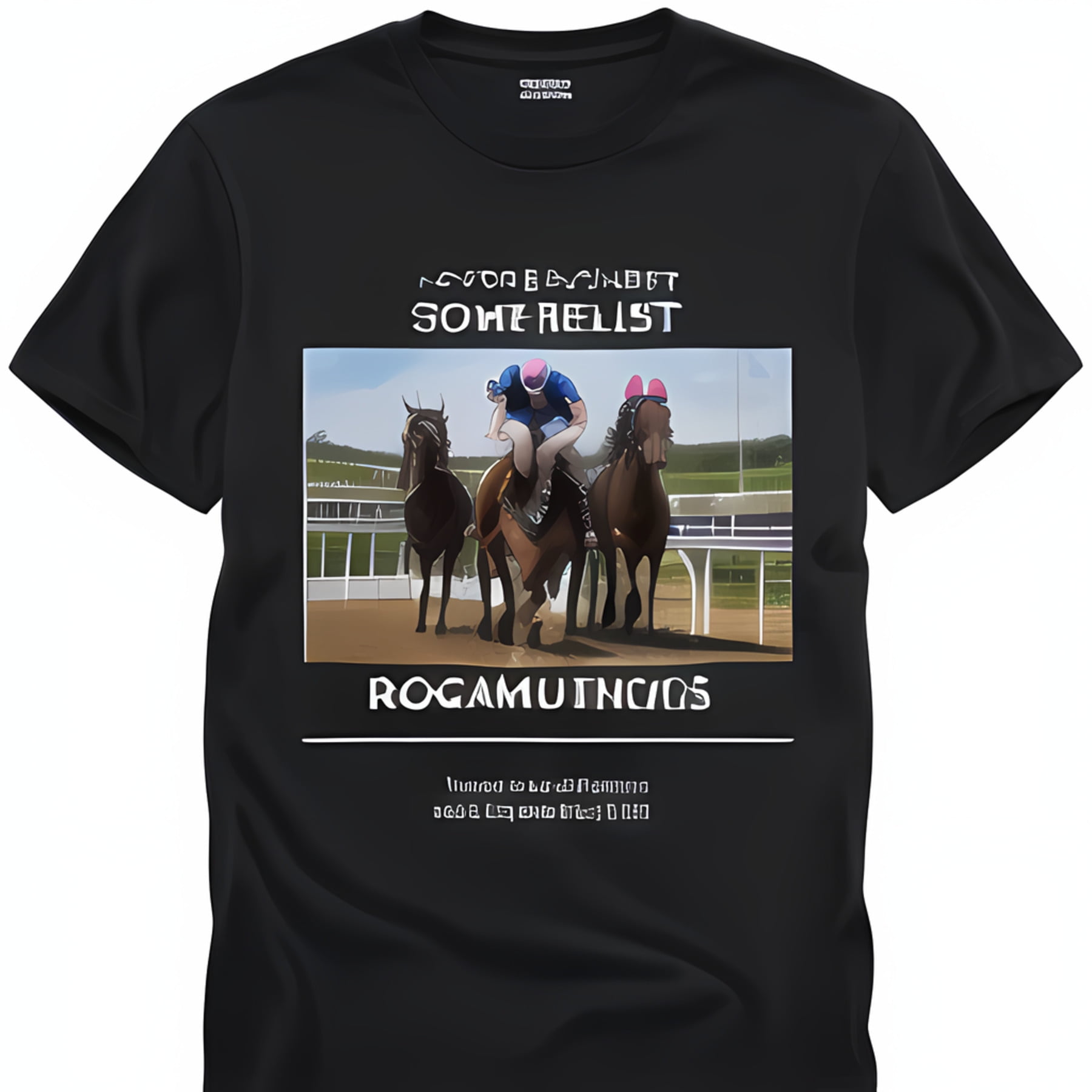 Stylish Black T-Shirt with 'ROGAMUTCycle' Horse Racing Design Featuring ...