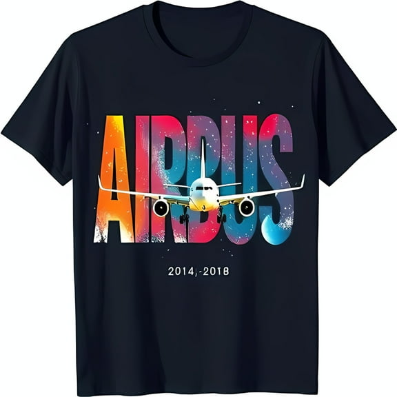 Stylish Black T-Shirt with Rainbow 'AIRBUS' Graphic & Airplane Design