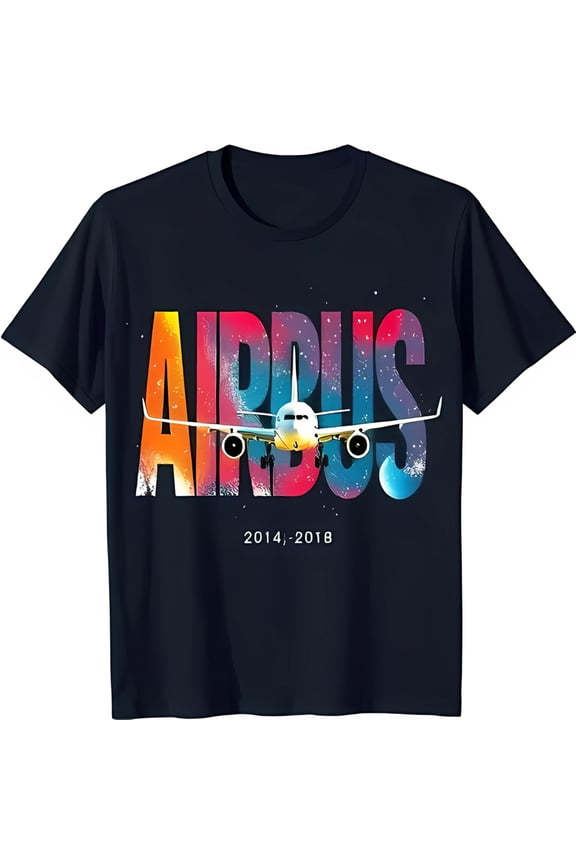 Stylish Black T-Shirt with Rainbow 'AIRBUS' Graphic & Airplane Design