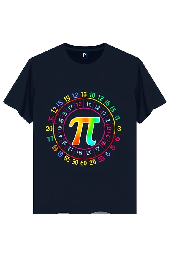 Stylish Black T-Shirt with Rainbow Pi Graphic Colorful Digits Surrounding Pi Symbol