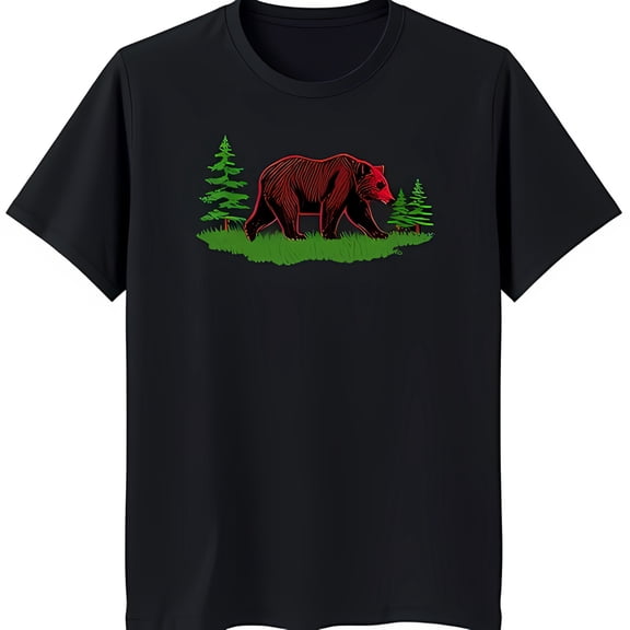 Stylish Black T-Shirt with Red Bear Graphic Walking Through Green Grass & Trees