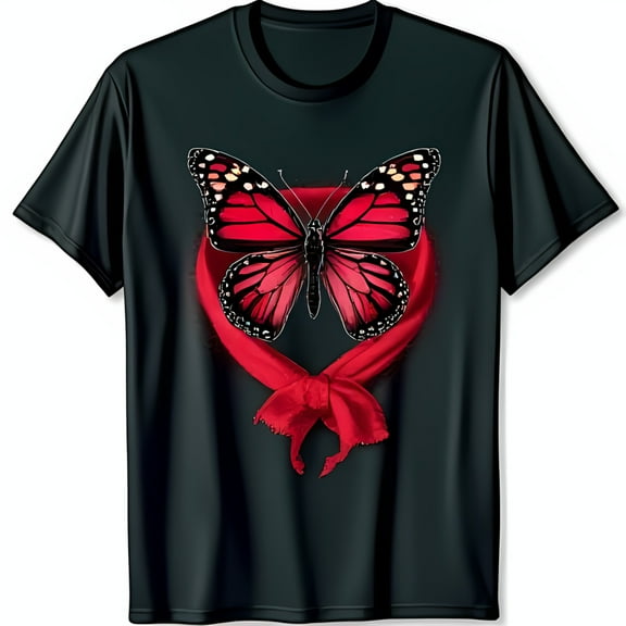 Stylish Black T-Shirt with Red Butterfly Design and Bow Eye Catching Graphic Tee