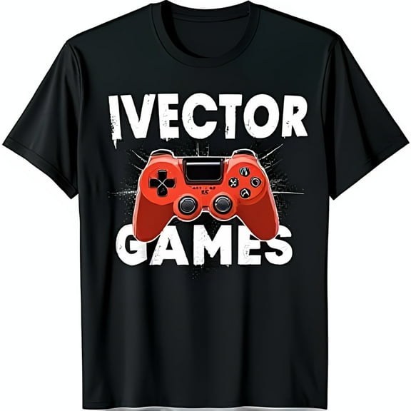 Stylish Black T-Shirt with Red Controller Graphic & IVECTOR GAMES Print