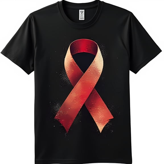 Stylish Black T-Shirt with Red Fabric Ribbon Print Awareness Symbol for Causes