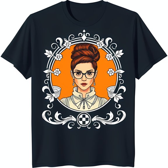 Stylish Black T-Shirt with Red Haired Woman Design in Ornate
