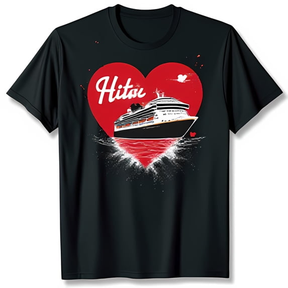 Stylish Black T-Shirt with Red Heart Graphic & White Cruise Ship Design