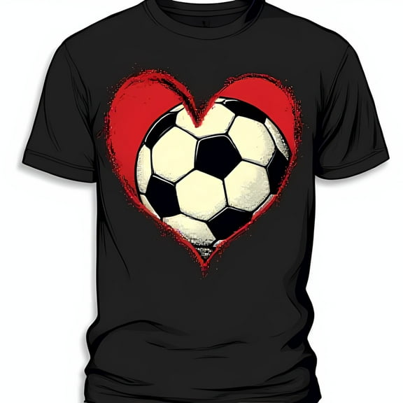 Stylish Black T-Shirt with Red Heart & Soccer Ball Graphic for Fans