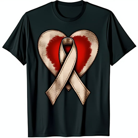 Stylish Black T-Shirt with Red Heart and White Ribbon Design Unique Centered Graphic Tee