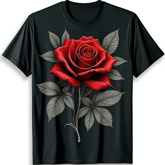 Stylish Black T-Shirt with Red Rose Print Soft & Comfortable