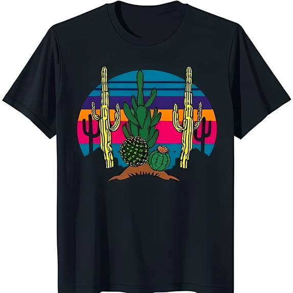 Stylish Black T-Shirt with Retro Sunset Cacti Graphic Casual Wear