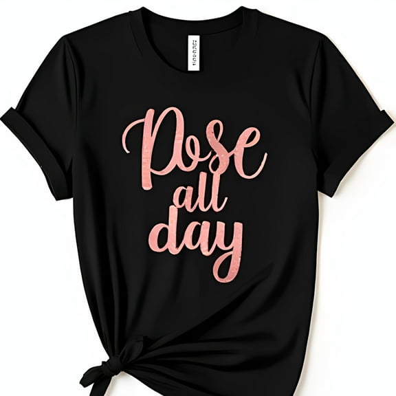 Stylish Black T-Shirt with Rose Gold Glitter Pose All Day Graphic Design