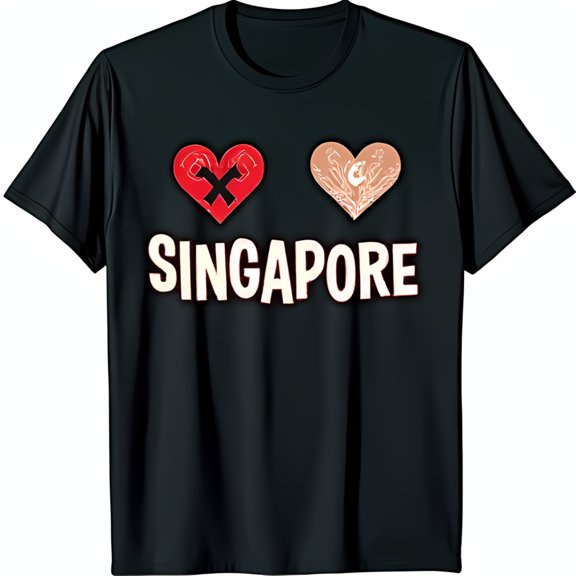 Stylish Black T-Shirt with SINGAPORE Graphic Red & Tan Heart Design