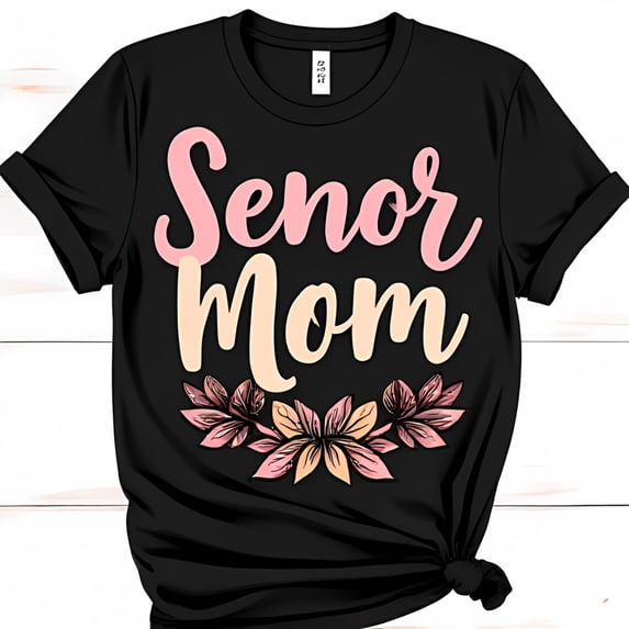 Stylish Black T-Shirt with Senor Mom Graphic & Floral Wreath Design