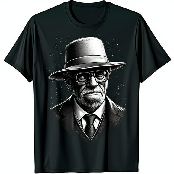 Stylish Black T-Shirt with Serious Man Illustration in Suit & Tie Unique Graphic Tee
