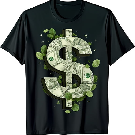 Stylish Black T-Shirt with Sign Graphic Made of Money & Green Leaves