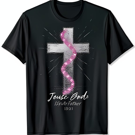 Stylish Black T-Shirt with Silver and Pink Rosary Graphic Design
