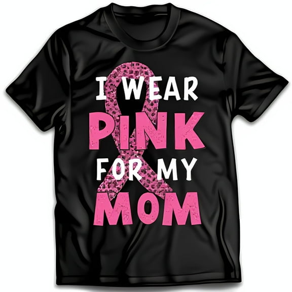 Stylish Black T-Shirt with Sparkly Pink Ribbon & I Wear Pink for My Mom Graphic