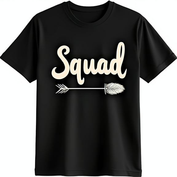 Stylish Black T-Shirt with Squad Graphic and Feathered Arrow Design