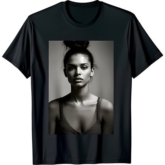 Stylish Black T-Shirt with Striking Black and White Graphic of Young Woman