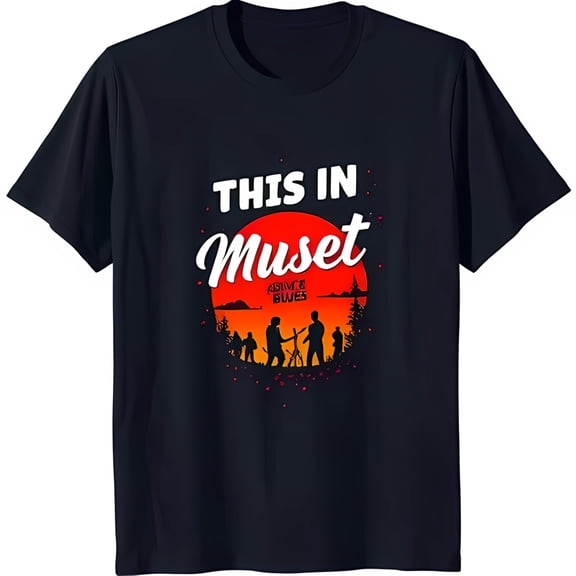 Stylish Black T-Shirt with Sunset Graphic & 'This in Muset' Text Design