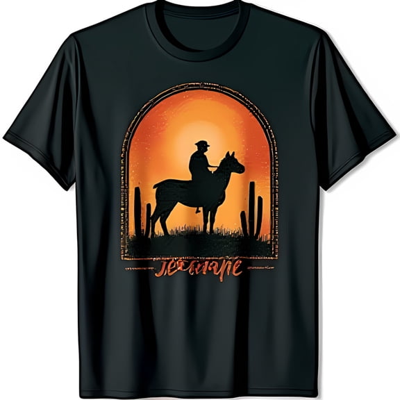 Stylish Black T-Shirt with Sunset Horse Rider & Jerez Cursive Design