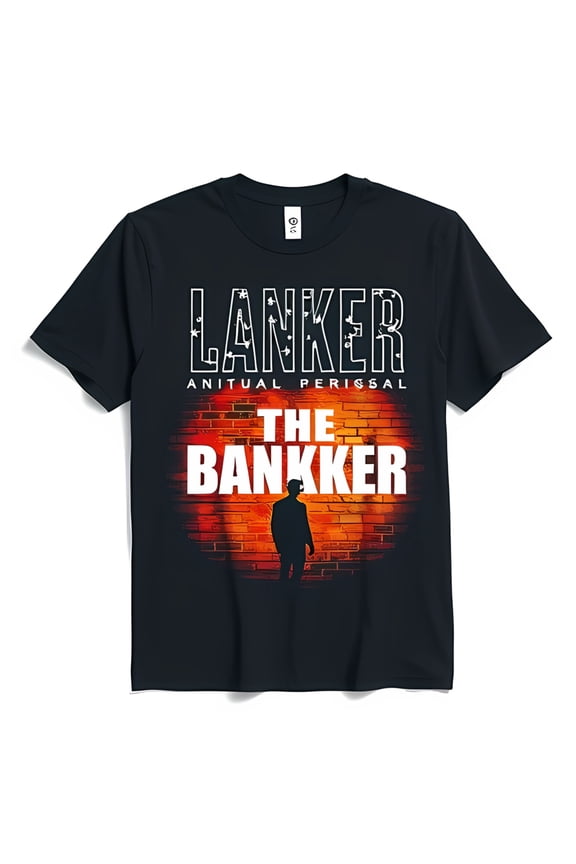 Stylish Black T-Shirt with 'The Bankker' & Shadowy Suit Figure on Brick Wall