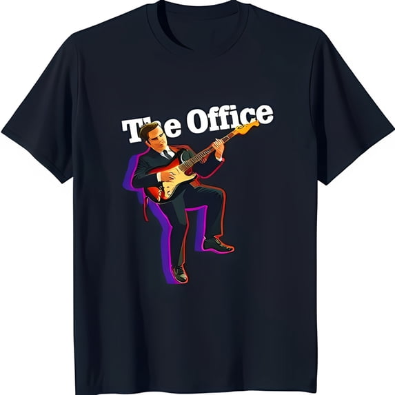 Stylish Black T-Shirt with 'The Office' Graphic & Guitarist