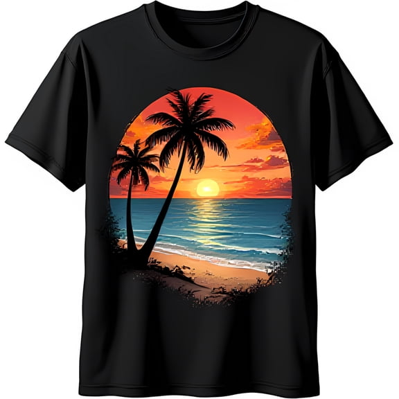 Stylish Black T-Shirt with Tropical Beach Sunset Graphic for Summer Vibes