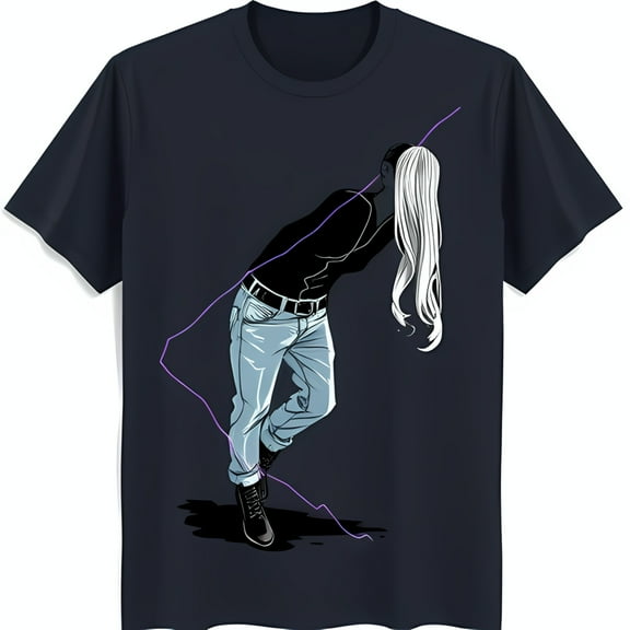 Stylish Black T-Shirt with Unique Black & White Graphic of Flowing Haired Figure