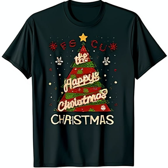 Stylish Black T-Shirt with Unique Christmas Tree Graphic & 'Happy Christmas' Design