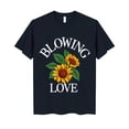 thumbnail image 1 of Stylish Black T-Shirt with Unique Graphic of Two Sunflowers & 'BLOWING LOVE' Design, 1 of 5