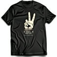 thumbnail image 1 of Stylish Black T-Shirt with Unique Hand Held Book Peace Sign Graphic, 1 of 5