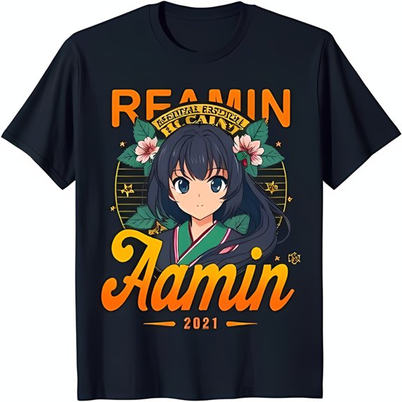 Stylish Black T-Shirt with Vibrant Anime Graphic and Serene Character Design