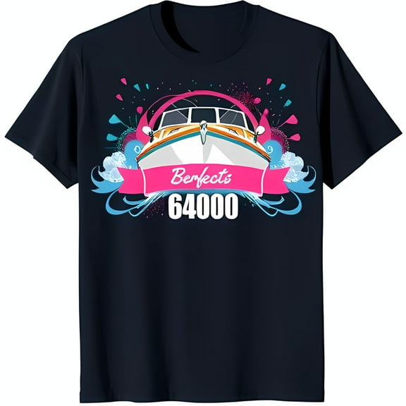 Stylish Black T-Shirt with Vibrant Boat Graphic and 'Perfects 64000' Design