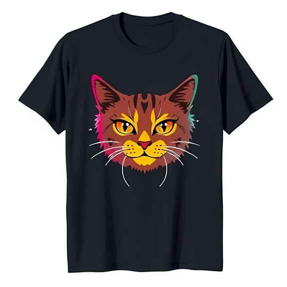 Stylish Black T-Shirt with Vibrant Cat Face Graphic in Red & Yellow
