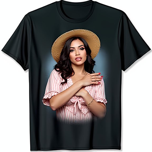 Stylish Black T-Shirt with Vibrant Chest Graphic of Woman in Pink Striped Dress